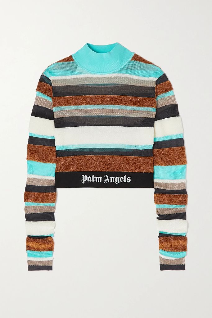 Cropped Striped Metallic Knitted Turtleneck Top - Blue