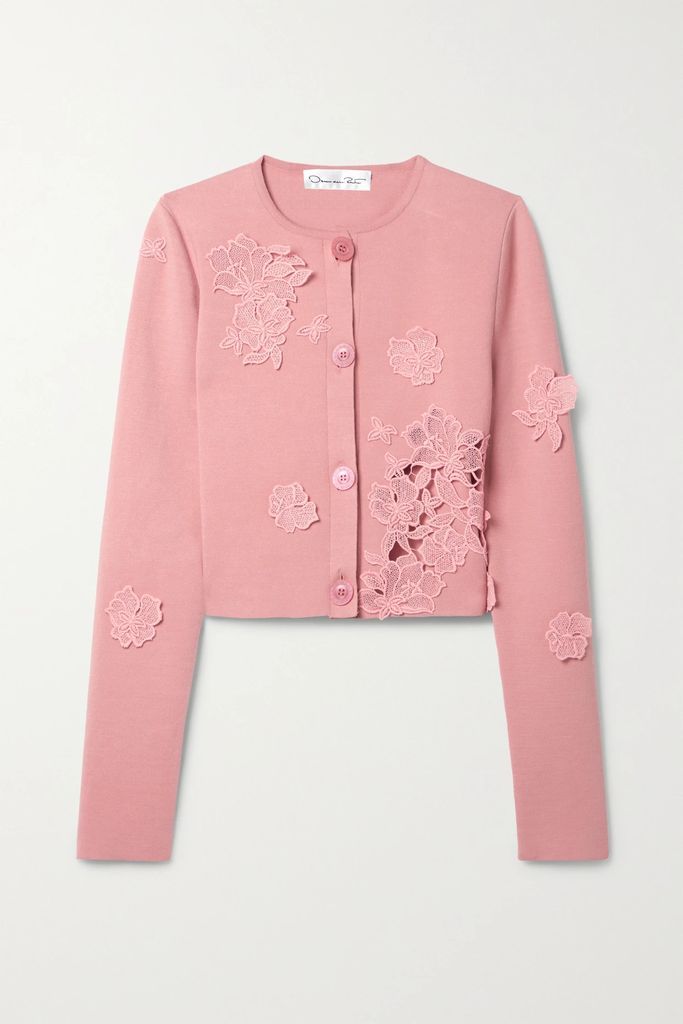 Corded Lace-trimmed Stretch-knit Cardigan - Antique rose
