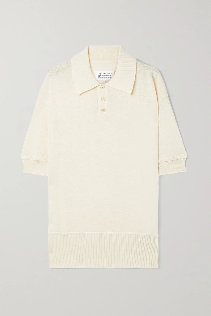 Distressed Wool-blend Polo Top - Cream