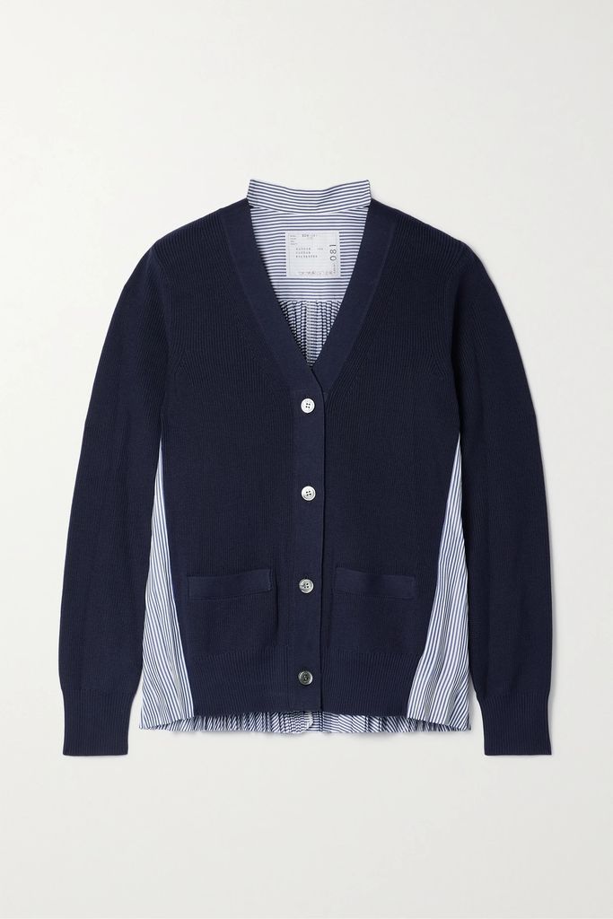 Cotton And Pleated Striped Poplin Cardigan - Navy
