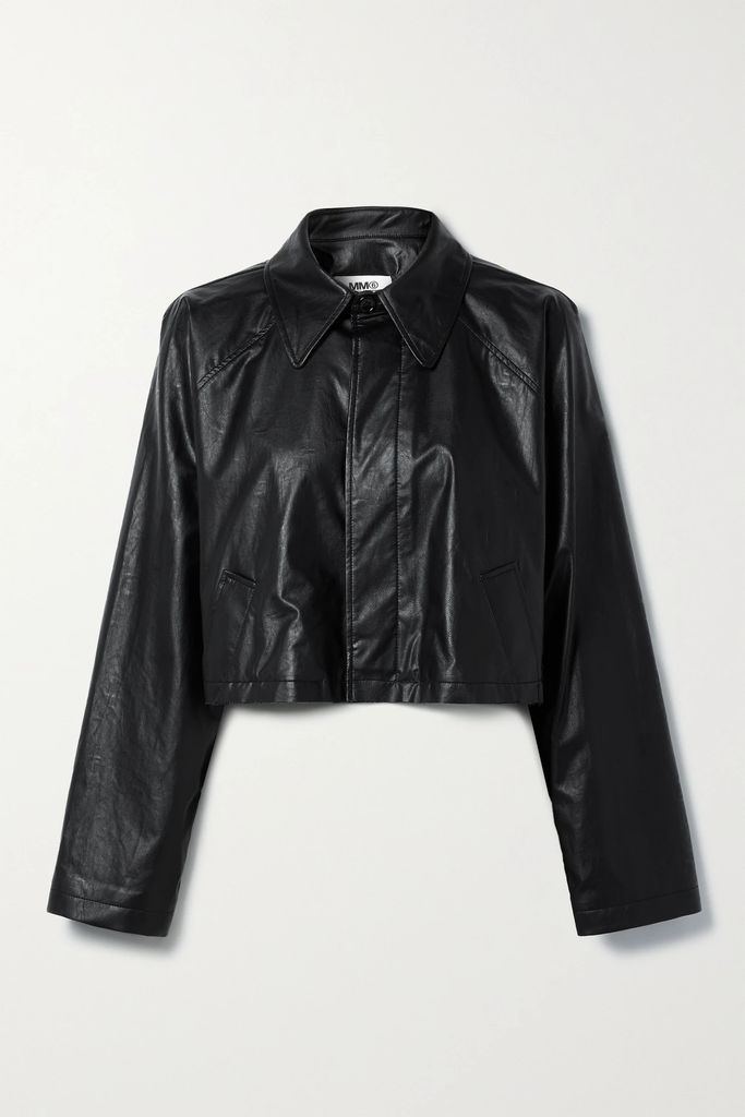Cropped Distressed Faux Leather Jacket - Black