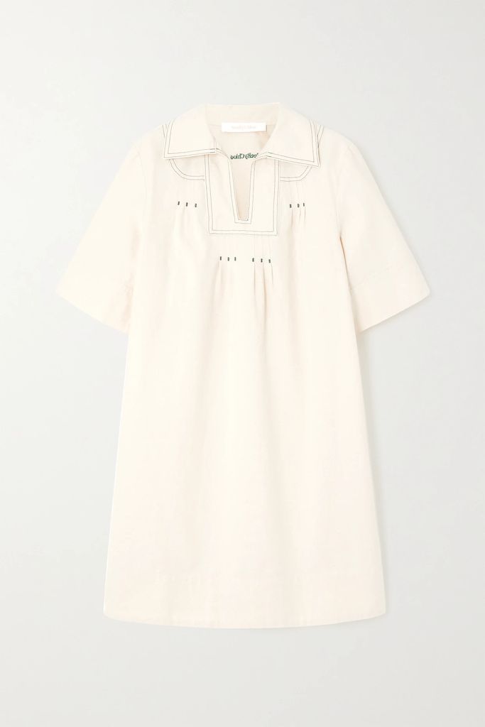 Embroidered Pintucked Denim Mini Dress - White
