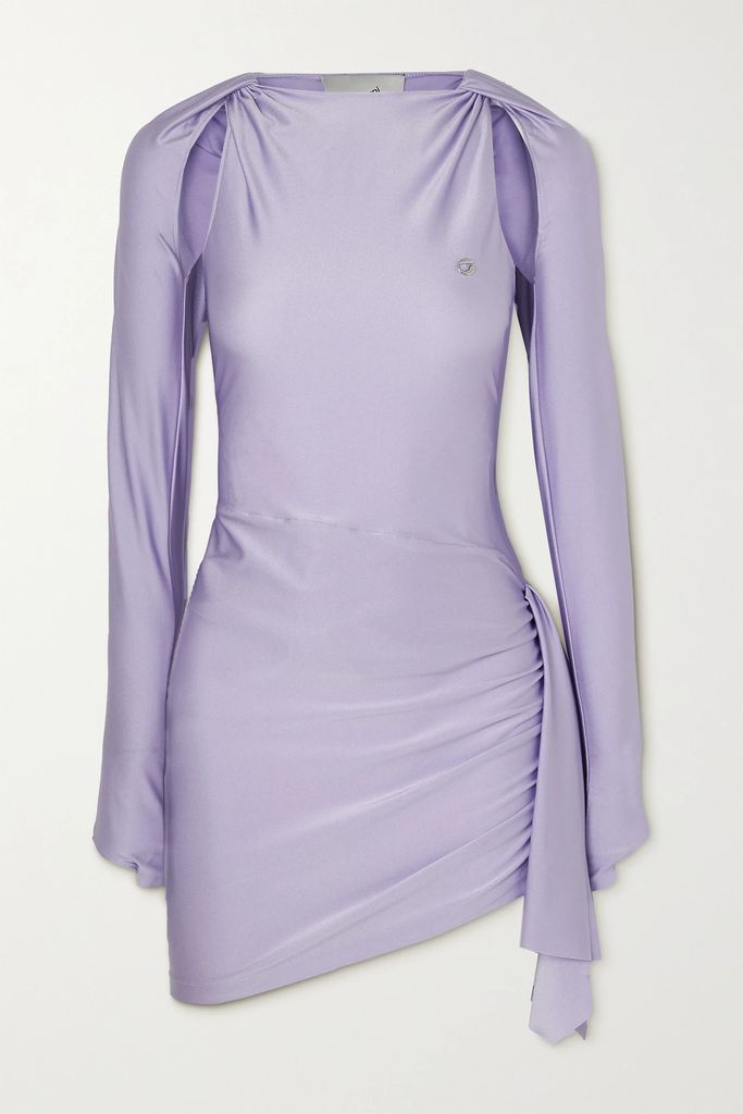 Embellished Draped Ruched Satin Mini Dress - Lilac