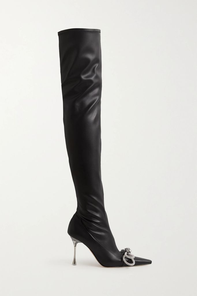 Double Bow Crystal-embellished Faux Leather Over-the-knee Boots - Black