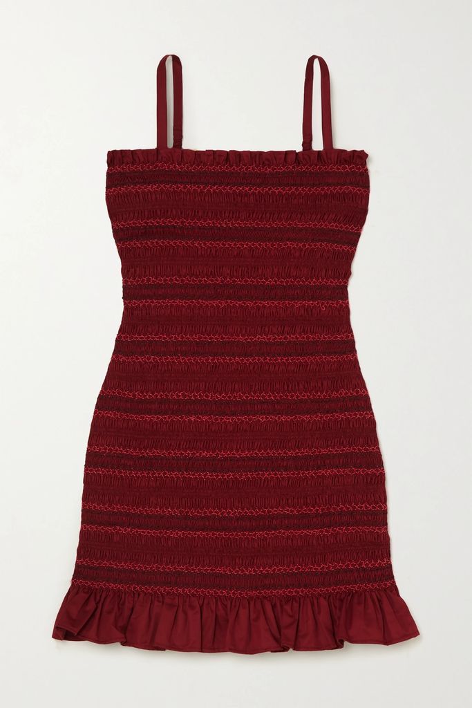 Fifi Embroidered Shirred Cotton Mini Dress - Burgundy