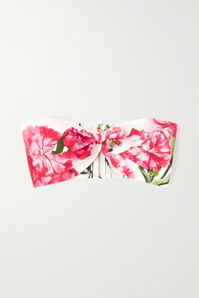 Cropped Strapless Floral-print Cotton-poplin Bustier Top - Pink
