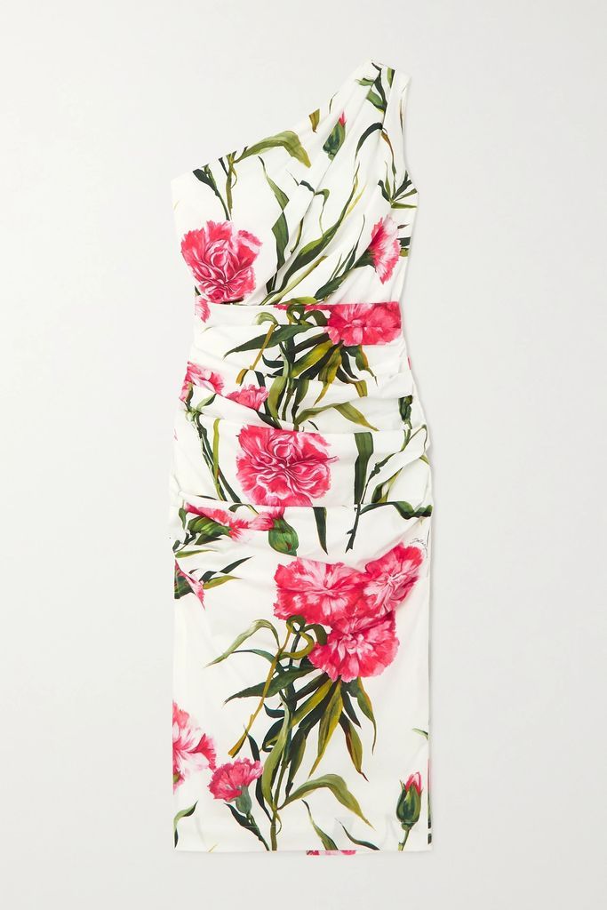 One-shoulder Ruched Floral-print Cotton-blend Poplin Midi Dress - Pink