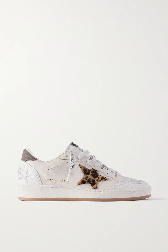 Ball Star Distressed Calf Hair And Canvas-trimmed Leather Sneakers - White