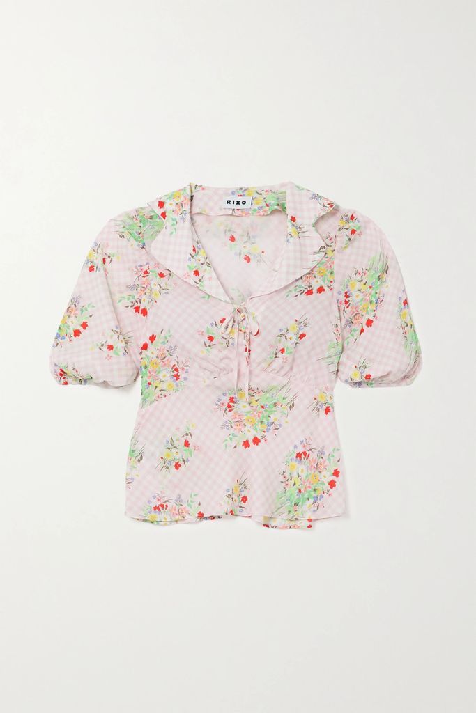 Warner Cropped Floral-print Gingham Voile Blouse - Baby pink