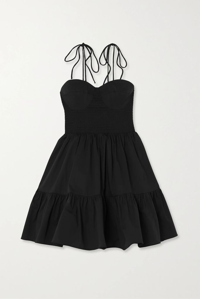 Landry Open-back Smocked Tiered Cotton-blend Poplin Mini Dress - Black