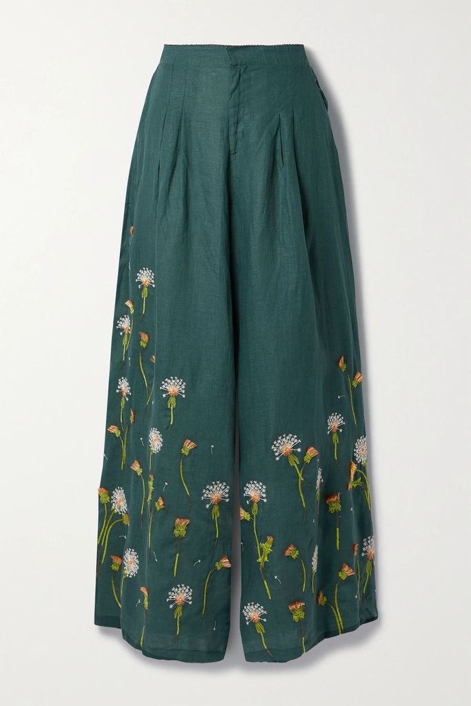 + Net Sustain Piñon Pleated Embroidered Linen Wide-leg Pants - Green