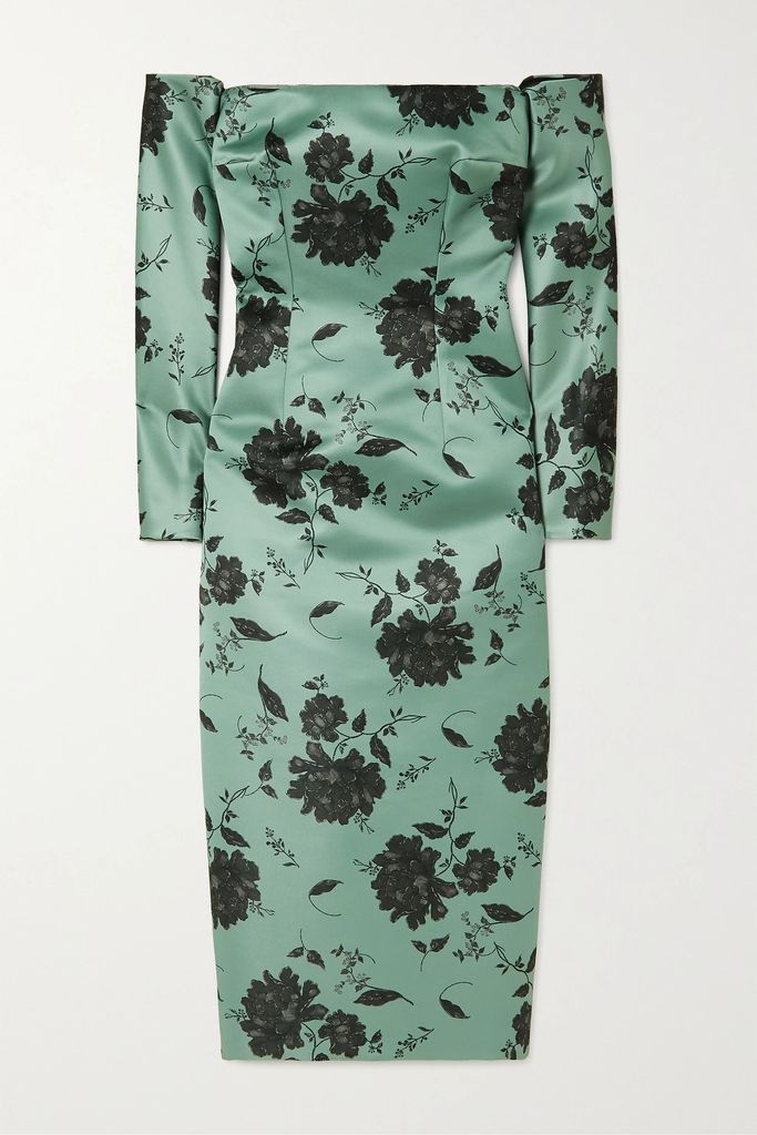 Melina Off-the-shoulder Floral-print Faille Midi Dress - Green