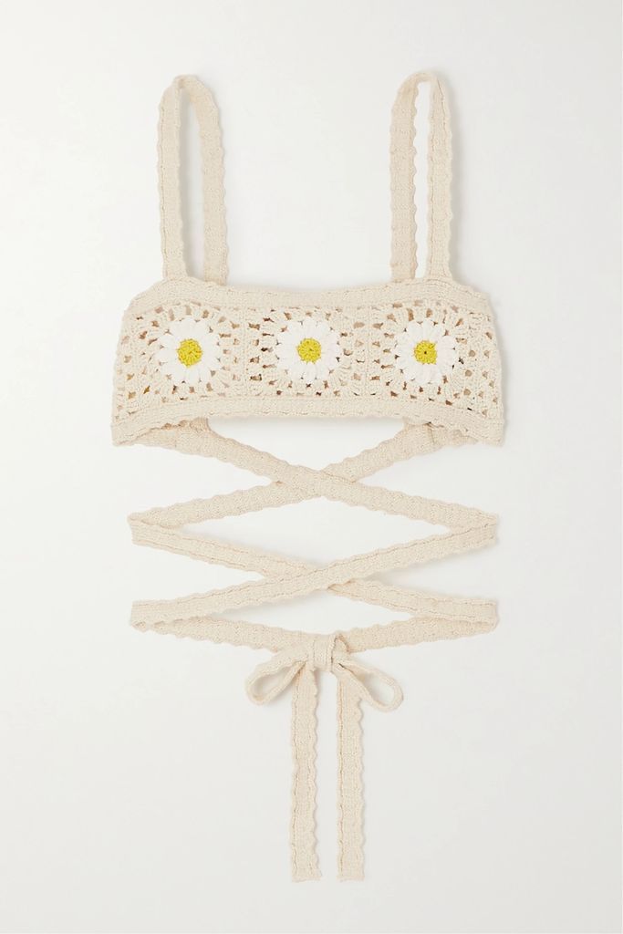 Daisy Lace-up Crocheted Cotton Bralette - Yellow