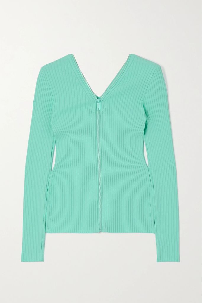 Zip-detailed Ribbed-knit Cardigan - Mint
