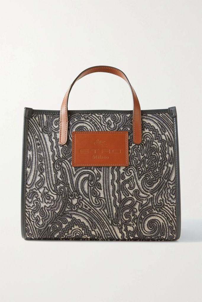 Globetrotter Leather-trimmed Cotton-blend Jacquard Tote - Midnight blue