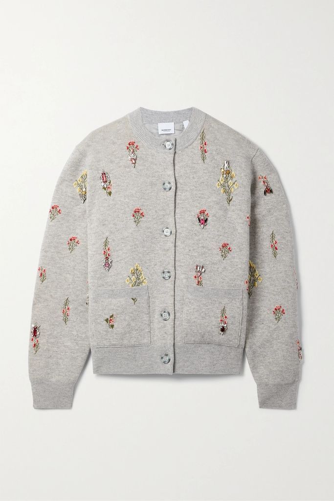 Crystal-embellished Embroidered Wool-blend Cardigan - Gray