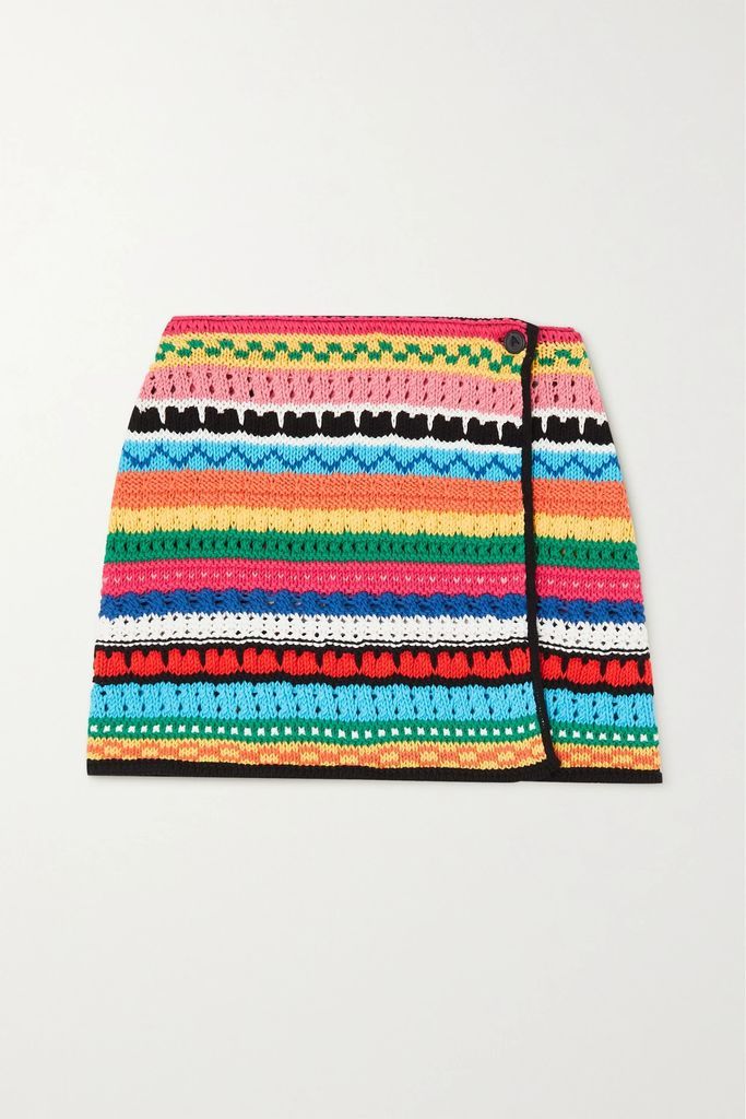 Over The Horizon Striped Crocheted Cotton Mini Wrap Skirt - Black