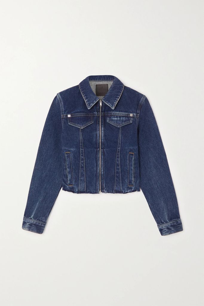 Cropped Frayed Denim Jacket - Blue