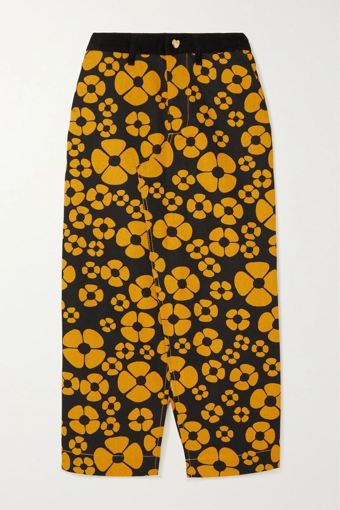 + Carhartt Wip Corduroy-trimmed Floral-print Cotton-canvas Midi Skirt - Yellow