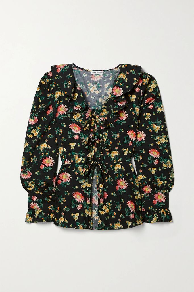 + Laura Ashley Nia Ruffled Floral-print Cotton-poplin Top - Black