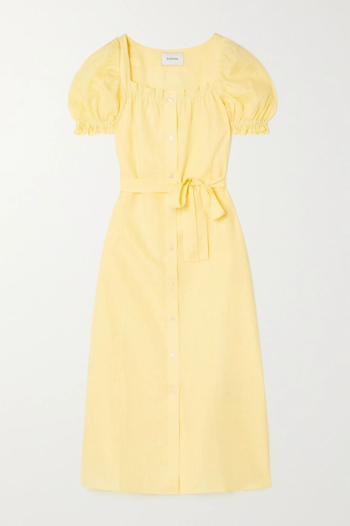 Brigitte Belted Linen Midi Dress - Yellow