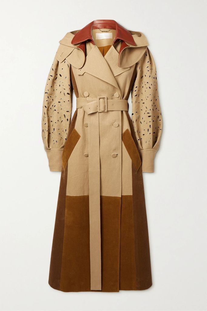 Paneled Broderie Anglaise Cotton-canvas And Cotton-corduroy Trench Coat - Brown