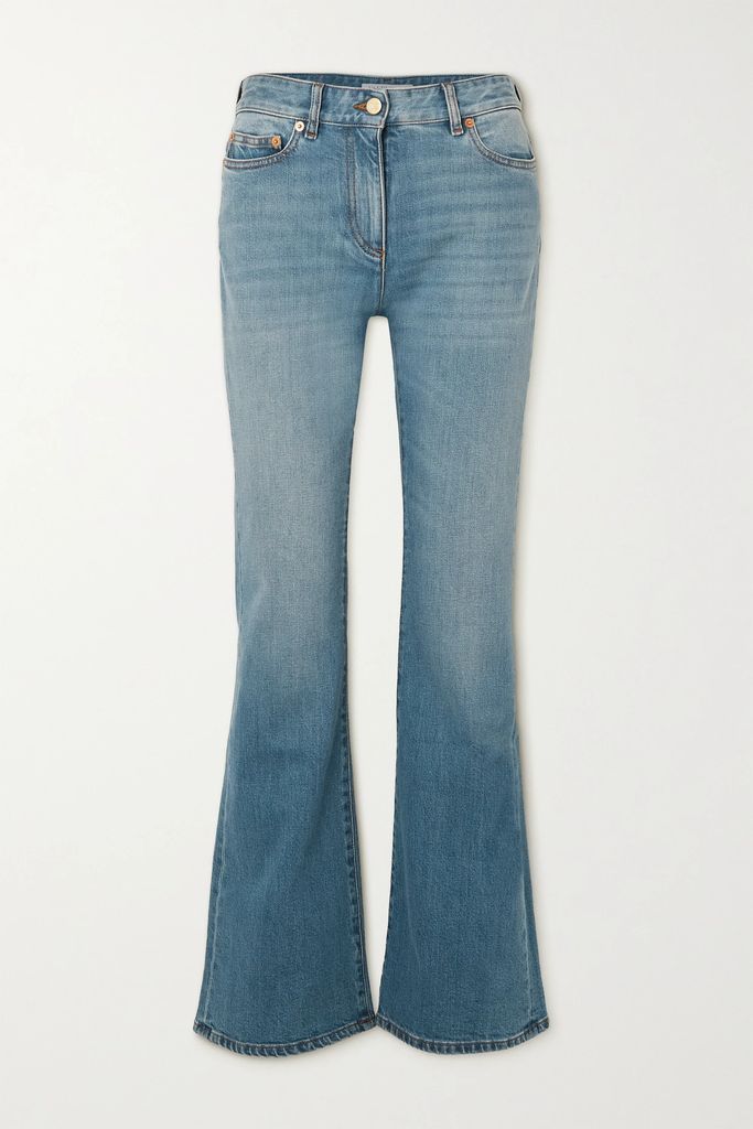 Chain-embellished High-rise Flared Jeans - Blue