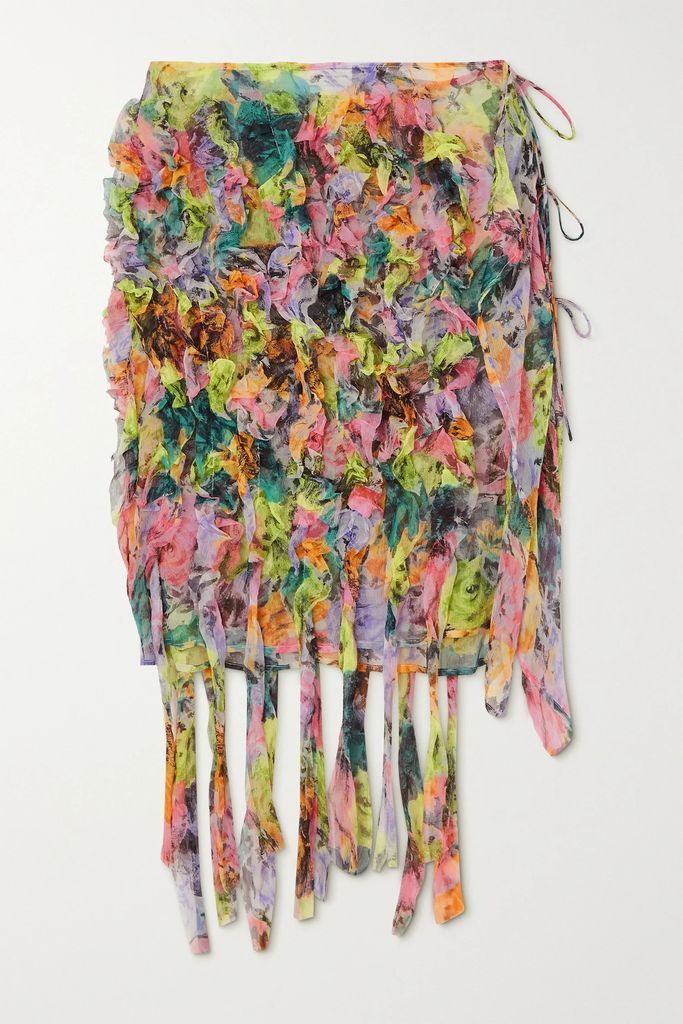 Ruffled Floral-print Silk-crepon Wrap Skirt - Light green