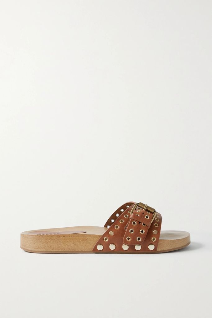 Jaso Embellished Leather Slides - Brown