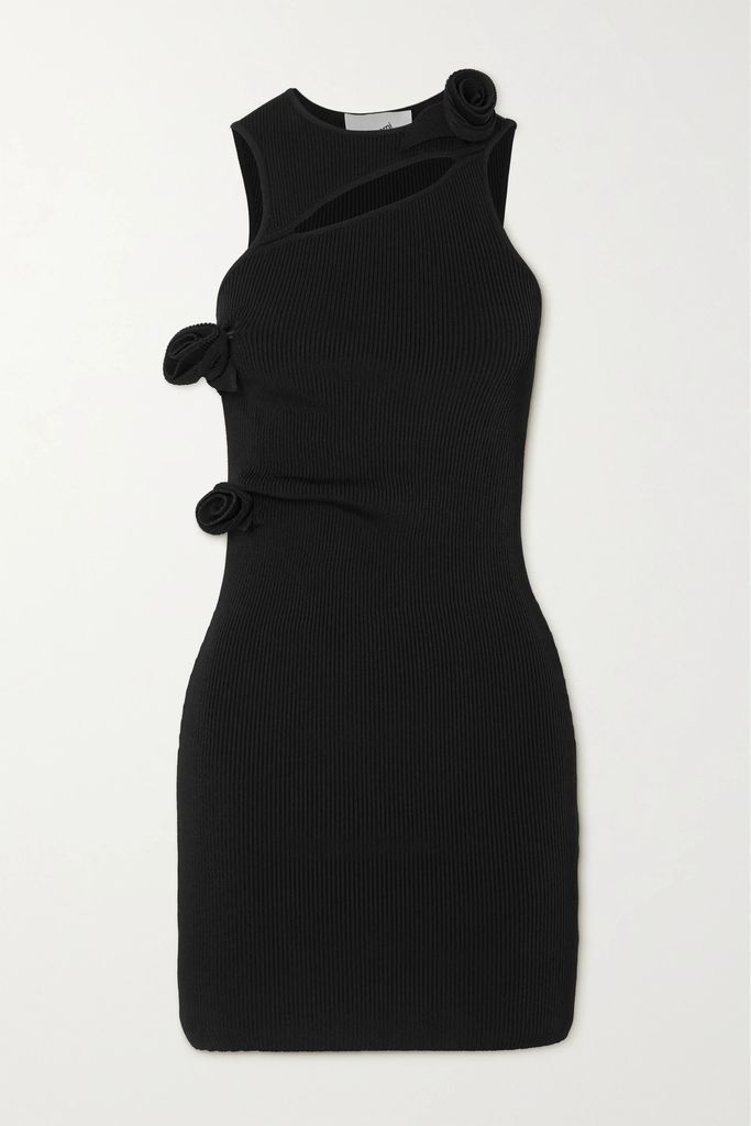 Cutout Embellished Ribbed-jersey Mini Dress - Black