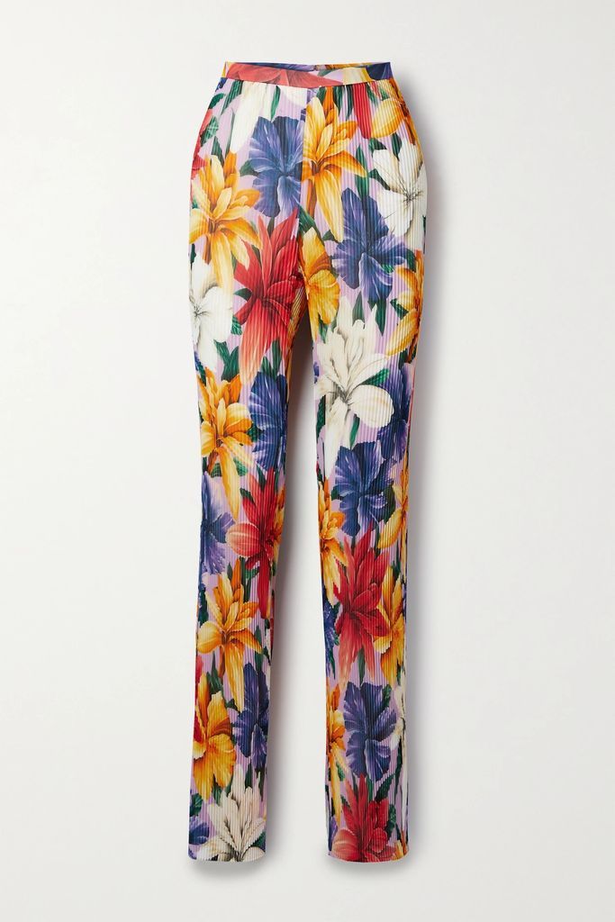 Floral-print Plissé-chiffon Straight-leg Pants - Red