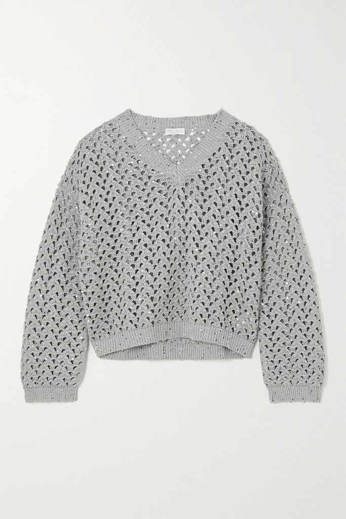 Dazzling Net Sequin-embellished Cotton, Linen And Silk-blend Sweater - Gray