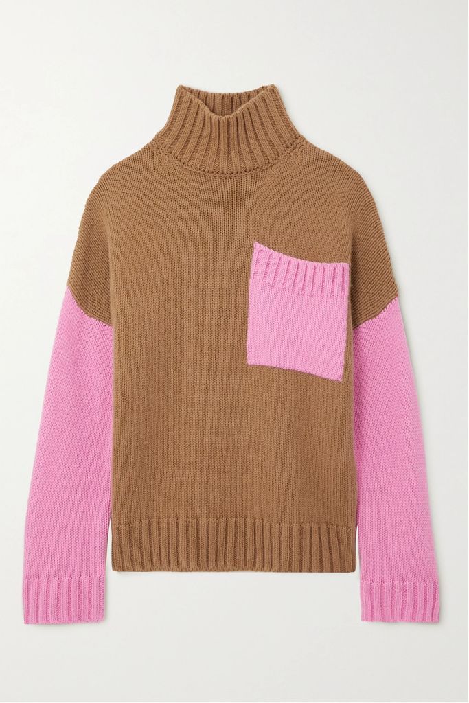 Two-tone Knitted Turtleneck Sweater - Beige