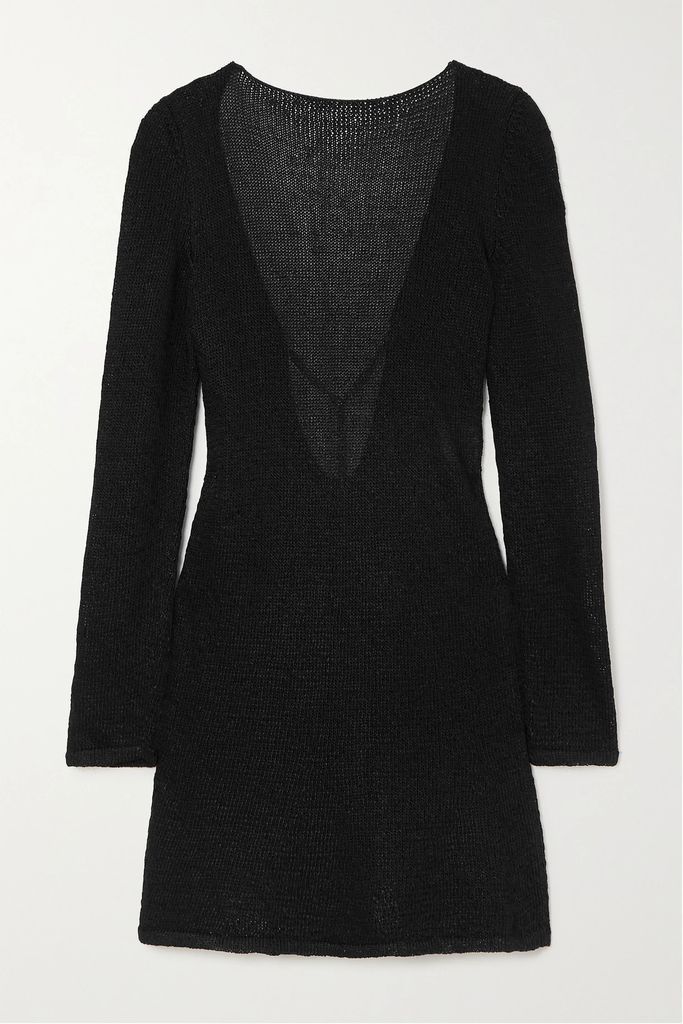 Chain-embellished Open-back Knitted Mini Dress - Black