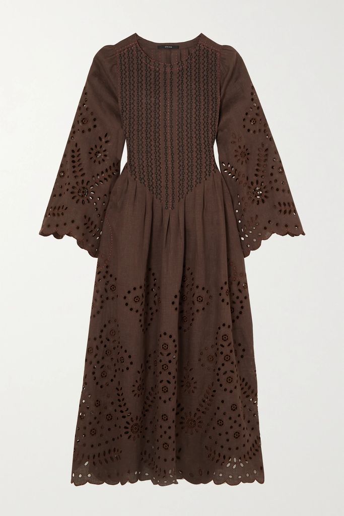 Luna Embroidered Broderie Anglaise Linen Midi Dress - Brown