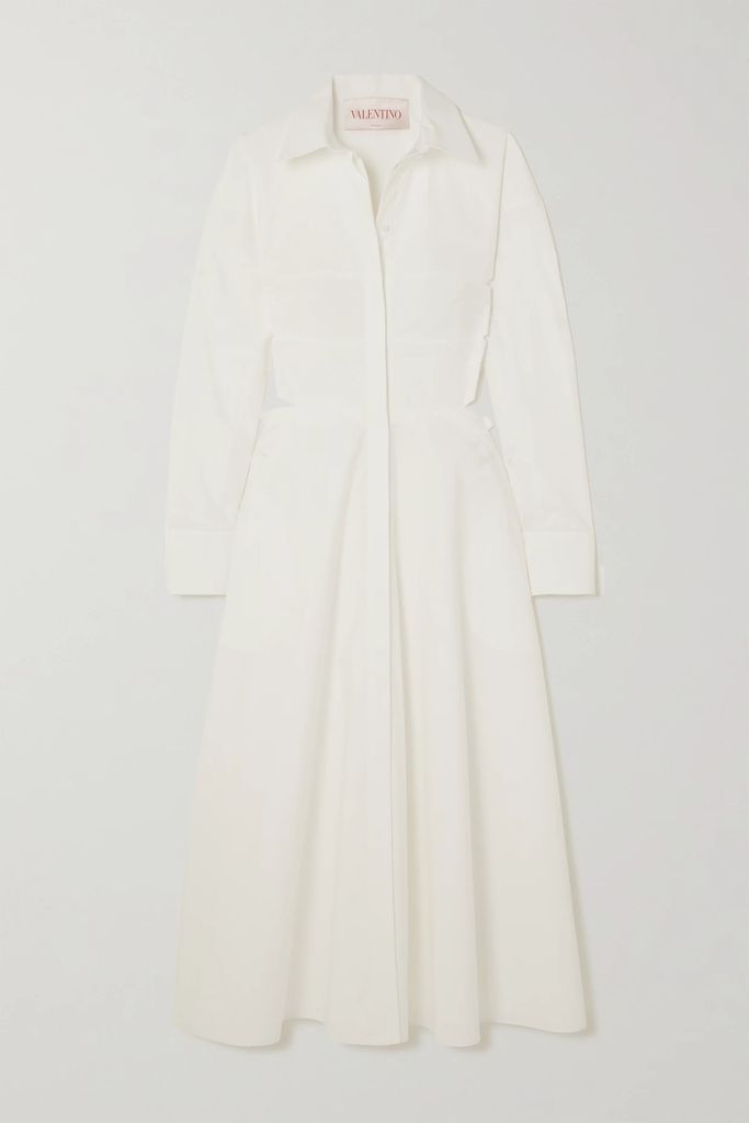 Bow-detailed Cutout Cotton-poplin Midi Shirt Dress - White