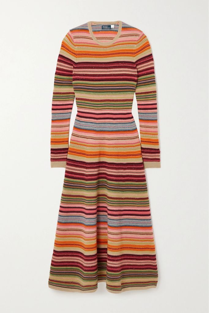 Striped Wool-blend Midi Dress - Orange
