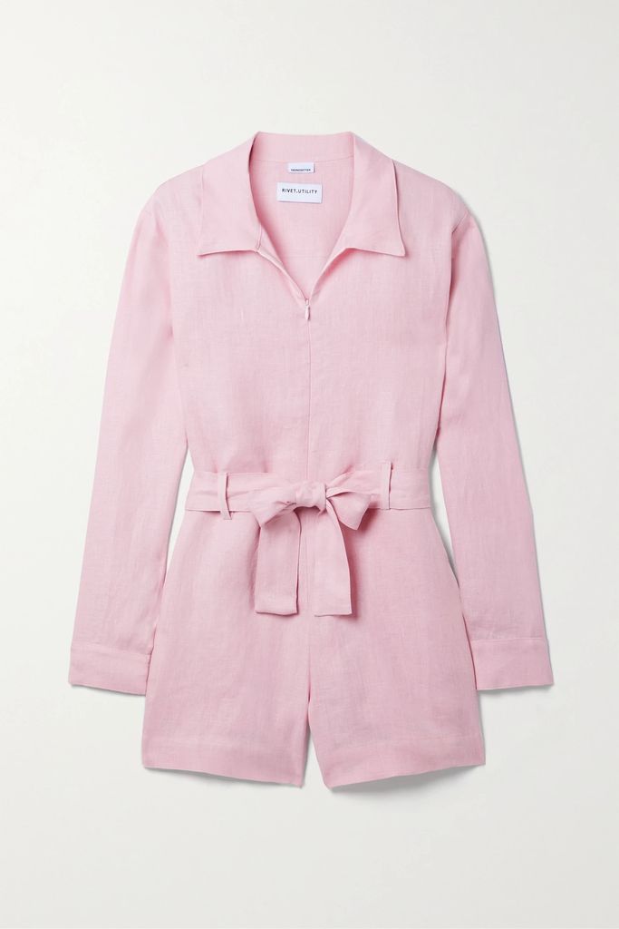 Trendsetter Belted Linen Playsuit - Pastel pink