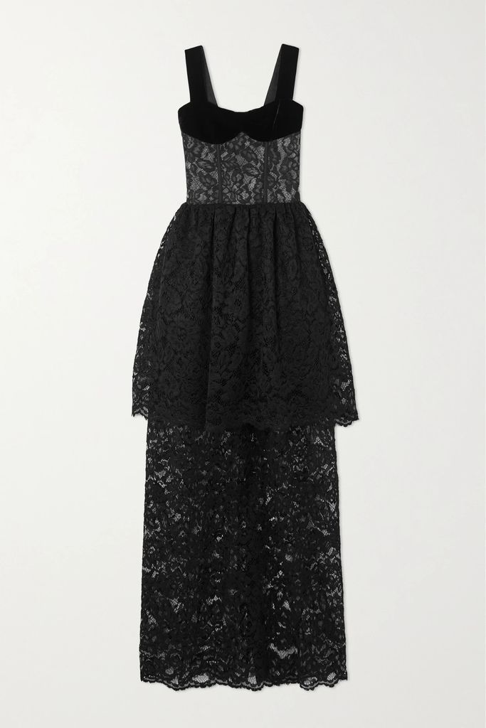 Tiered Velvet-trimmed Guipure Lace Gown - Black