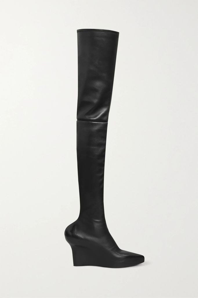 Leather Over-the-knee Wedge Boots - Black