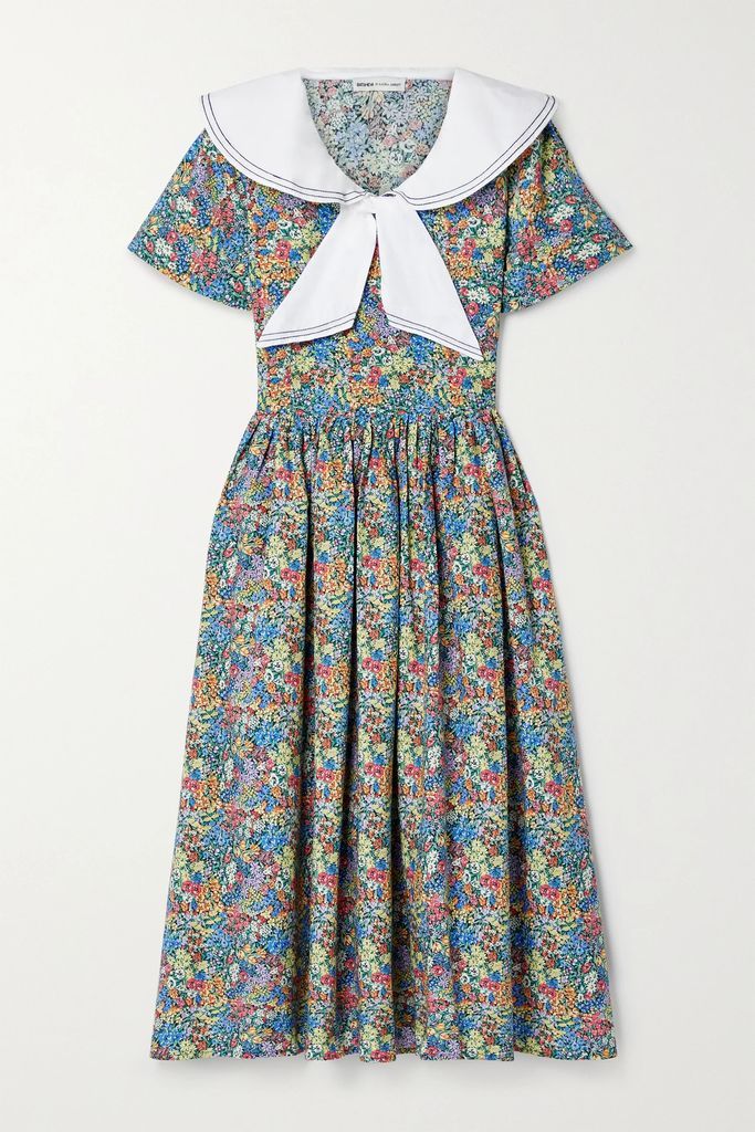 + Laura Ashley Tye Tie-detailed Floral-print Cotton-poplin Midi Dress - Green