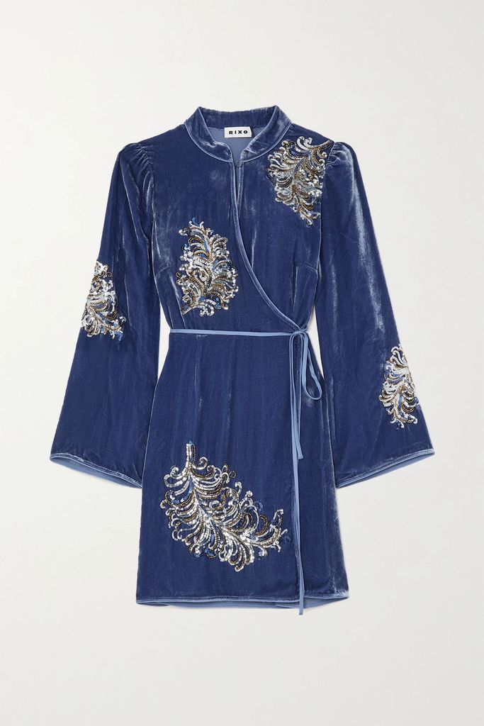 Gena Embellished Velvet Mini Wrap Dress - Blue