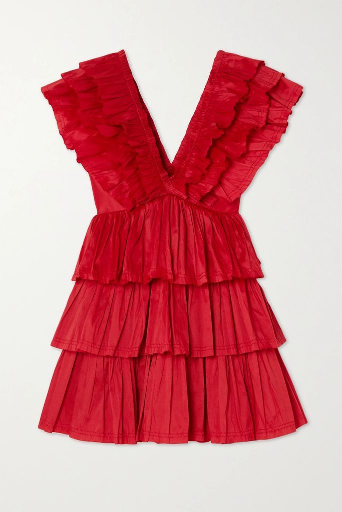 Rhythmic Frayed Ruffled Satin Mini Dress - Red