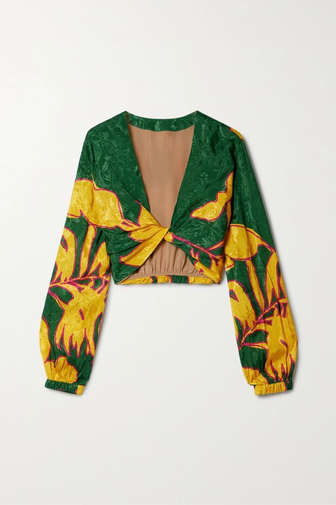 + Net Sustain East Africa Cropped Twist-front Printed Satin-jacquard Top - Green