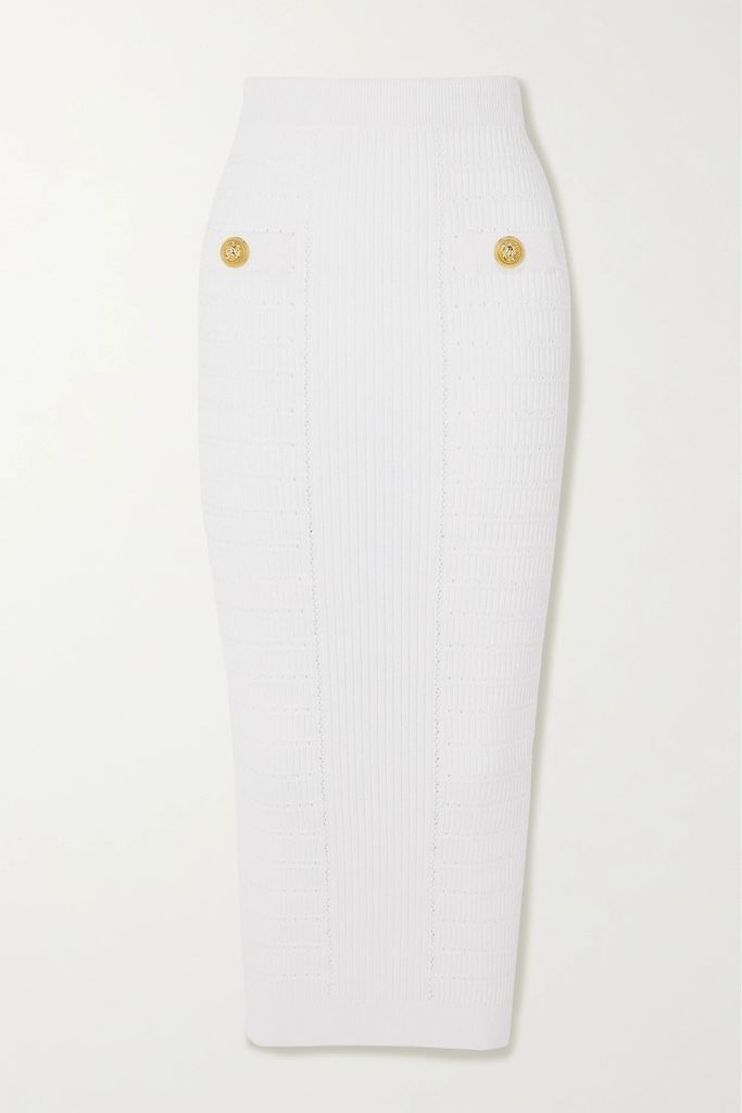 Button-embellished Ribbed-knit Midi Skirt - White
