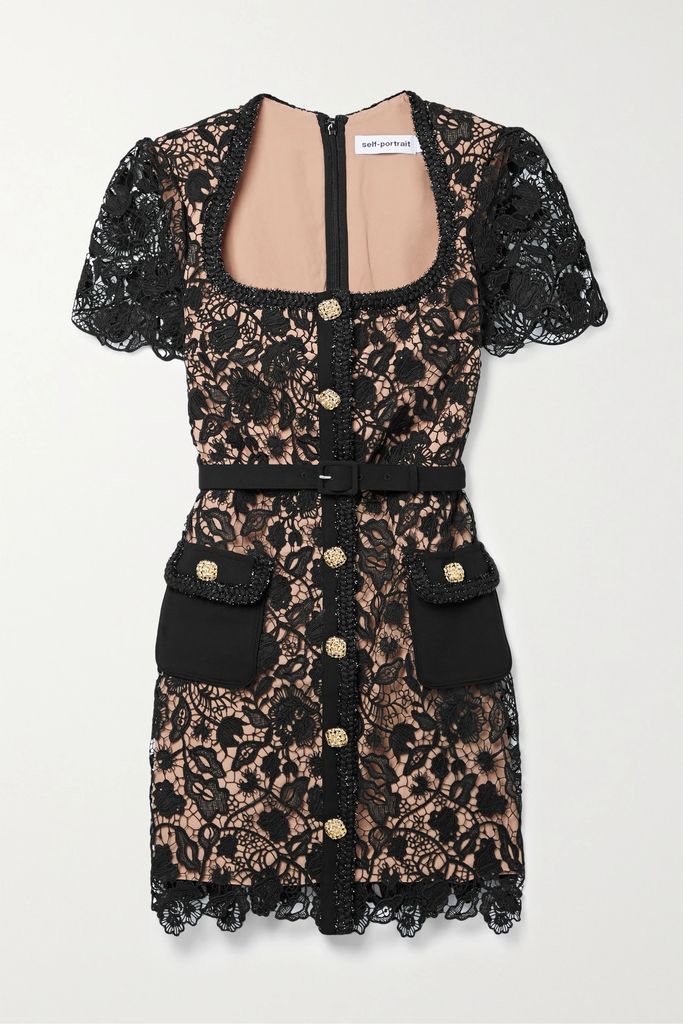 Embellished Belted Guipure Lace Mini Dress - Black
