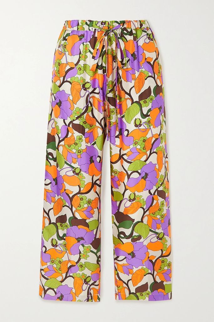 Cropped Floral-print Silk-twill Straight-leg Pants - Orange