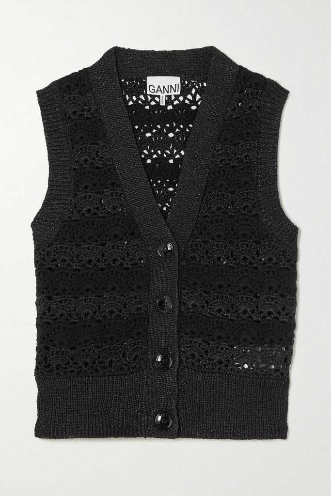Metallic Crochet-knit Vest - Black
