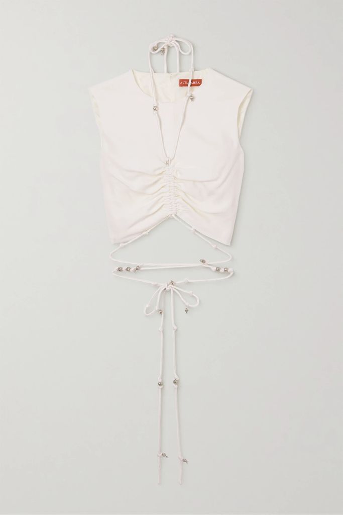 Ayana Cropped Embellished Tie-detailed Crepe Top - White