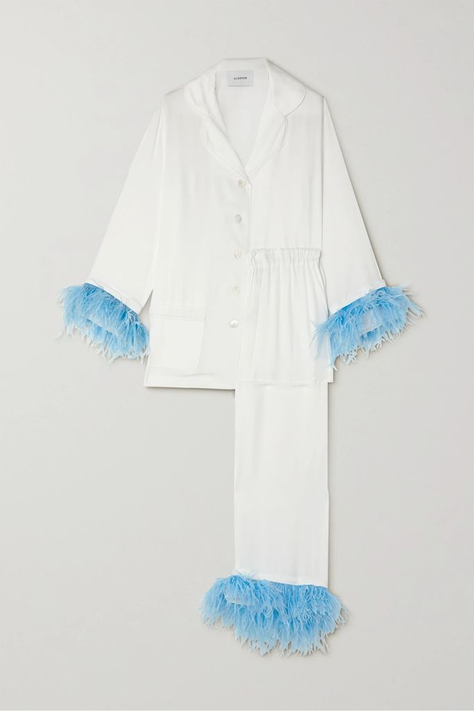 Feather-trimmed Twill Pajama Set - White